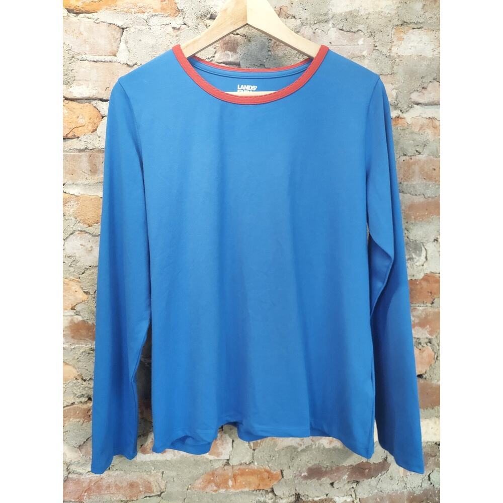 Lands End Long Sleeve Crewneck T Shirt Womens M 10-12 Blue Red - Picture 1 of 3